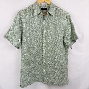 Theory Men's Small Irving SS Spur Linen Shirt Green Geometric Print Button Front
